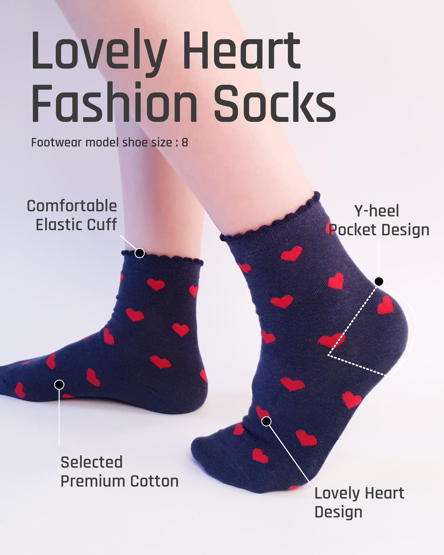 CUTIE MANGO 5 Pairs Women's Heart Pattern Print Cotton Daily Casual Crew Socks Novelty Premium K-Socks Fashion Soft Lovely Cute Crazy Fun Size 6,7,8,9,10 US for Womens - Navy