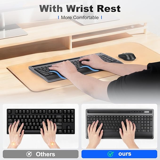 Wireless Keyboard and Mouse Combo, Full Size Ergonomic Keyboard with Wrist Rest and Phone Holder 2.4G USB & Type-C Quiet Keyboard Silent Mouse for Computer Laptop Windows Mac iOS