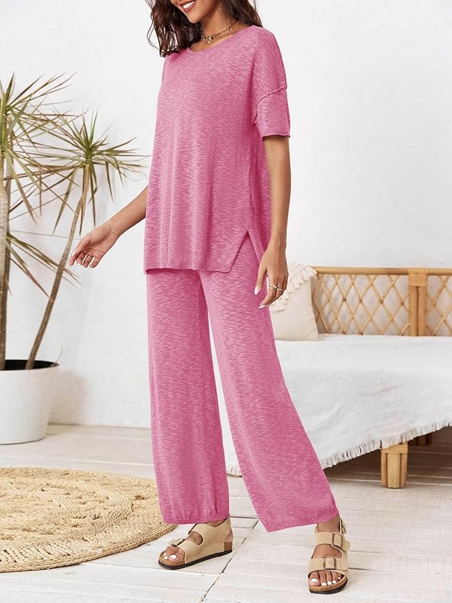 Tankaneo Women's 2 Piece Travel Outfits Casual Short Sleeve Knit Sweater Set Wide Leg Pants Lounge Sets Tracksuit