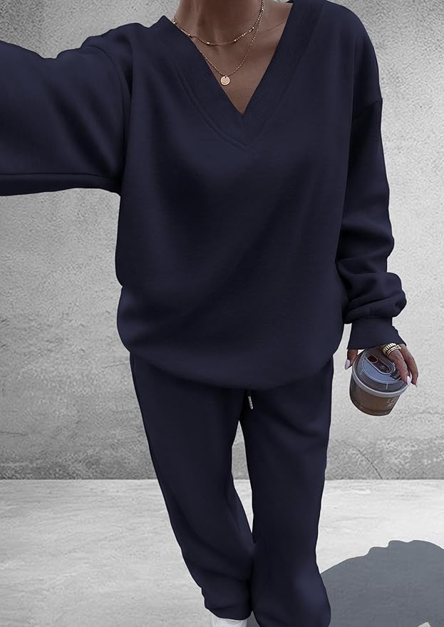 PRETTYGARDEN Casual Winter Two Piece Sets for Women 2026 V Neck Sweatshirt Loose Wide Leg Pants Tracksuit Knit Fall Outfits