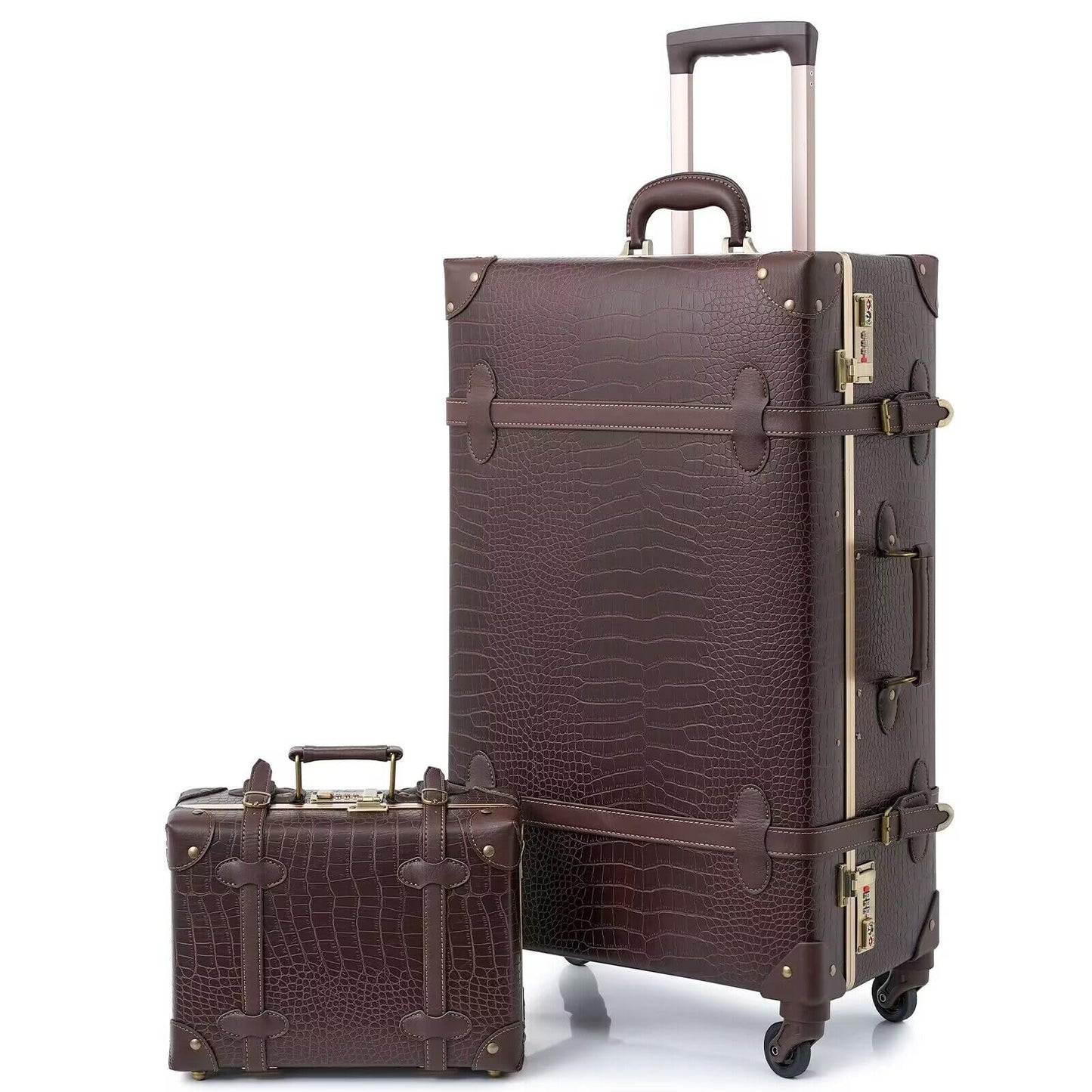urecity Vintage Luggage Set of 2, Retro Suitcase Trunk with Wheels for Men and Women, Cute Designer Travel Luggage Set with Boarding Tote, Luggage Zipperless TSA Approved (20"+12", Brown)