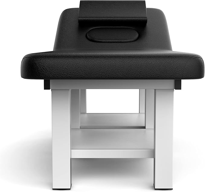 Stationary Massage Table with Backrest and Storage Space, 6 Square Legs Metal Frame PU Leather, 31.5'' Wide × 75'' Long for Treatment Table Physical Therapy Table Spa Facial Bed, Black