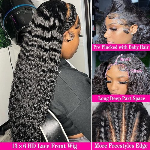 Hswpawk Lace Front Wigs Human Hair Pre Plucked 180% Density 13x6 Deep Wave Wigs Human Hair Glueless Wigs for Women Curly Wigs HD Transparent Lace Frontal Wigs Natural Color 22 Inch