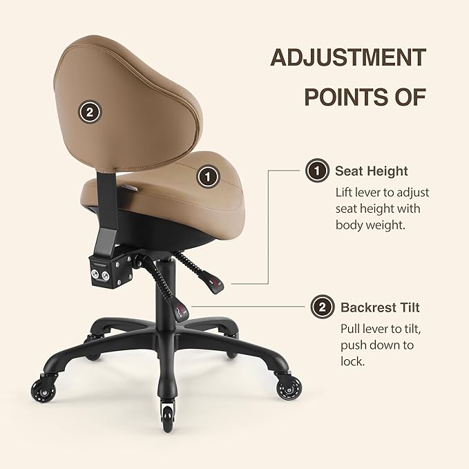 Pneumatic Swivel Rolling Saddle Chair with Wheels and Ergonomic Back Support for Hair Stylist, Dental Hygienist, Hygienic Clinic, Spa, Massage, Home, Office - 510 KOA (Tan, Standard)