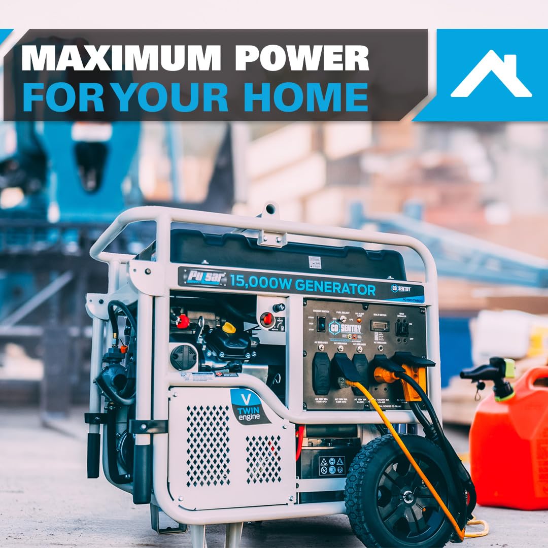 Pulsar PG15KVTWBCO 15,000W Dual Fuel Portable Generator, Gas or Propane, CO Sentry, 713cc V-Twin Engine, Electric Start, 50A Outlet