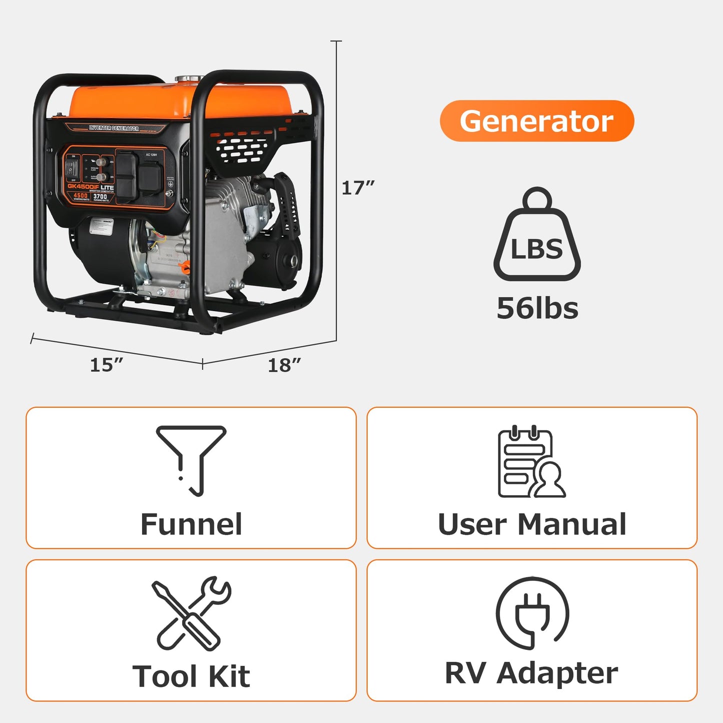 Genkins 4500 Watt Open Frame Inverter Generator 30 Amp Pure Sine Wave Noise Reduced 50% 55lbs EPA complied Gas Powered