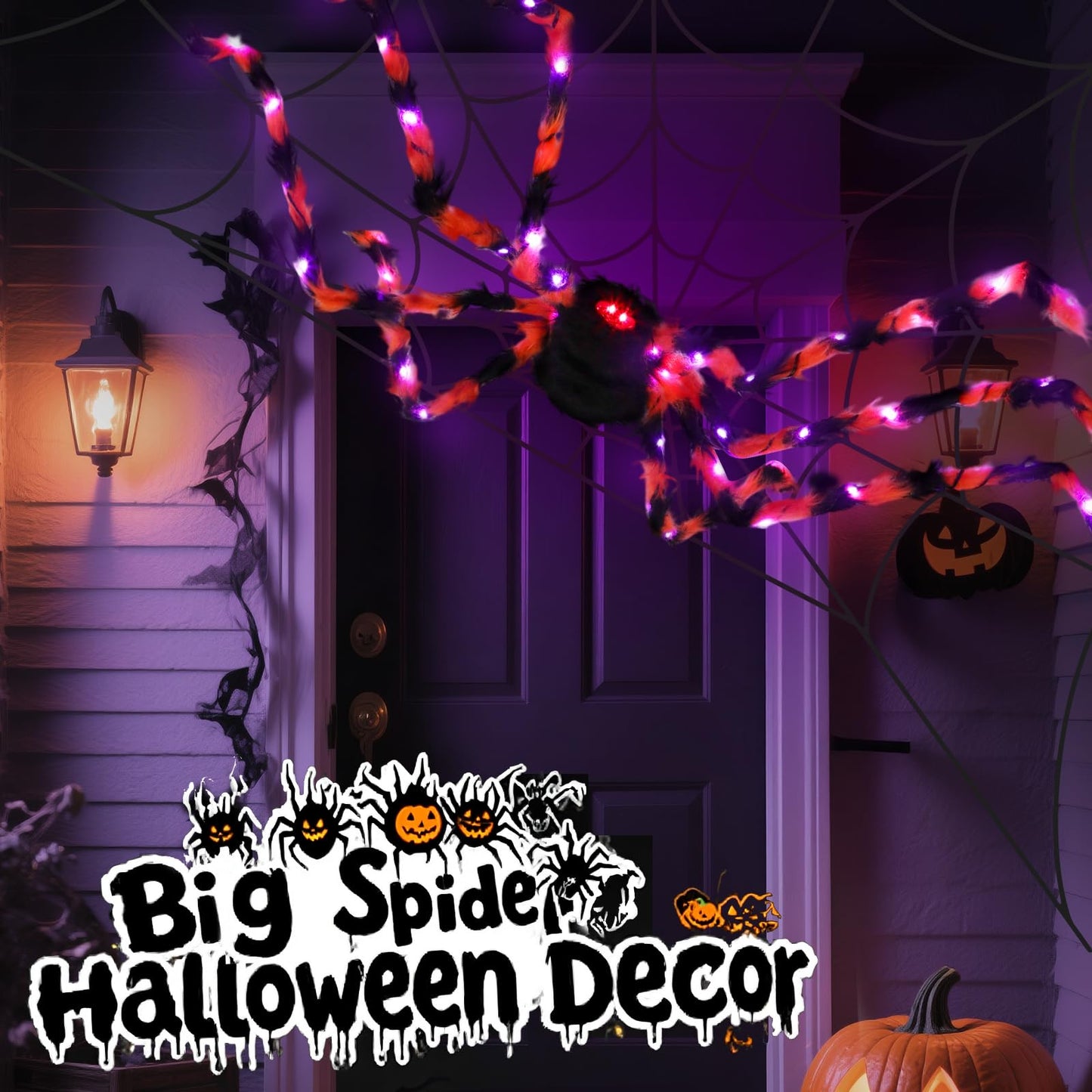 Halloween Decorations,4.5 ft Halloween Spider,Giant Spider,Haunted House Decorations,5.7ft Spider Web,58 LED Lights,8 Lighting Modes,8 Wall Mounted Traceless Adhesives,Battery Operated