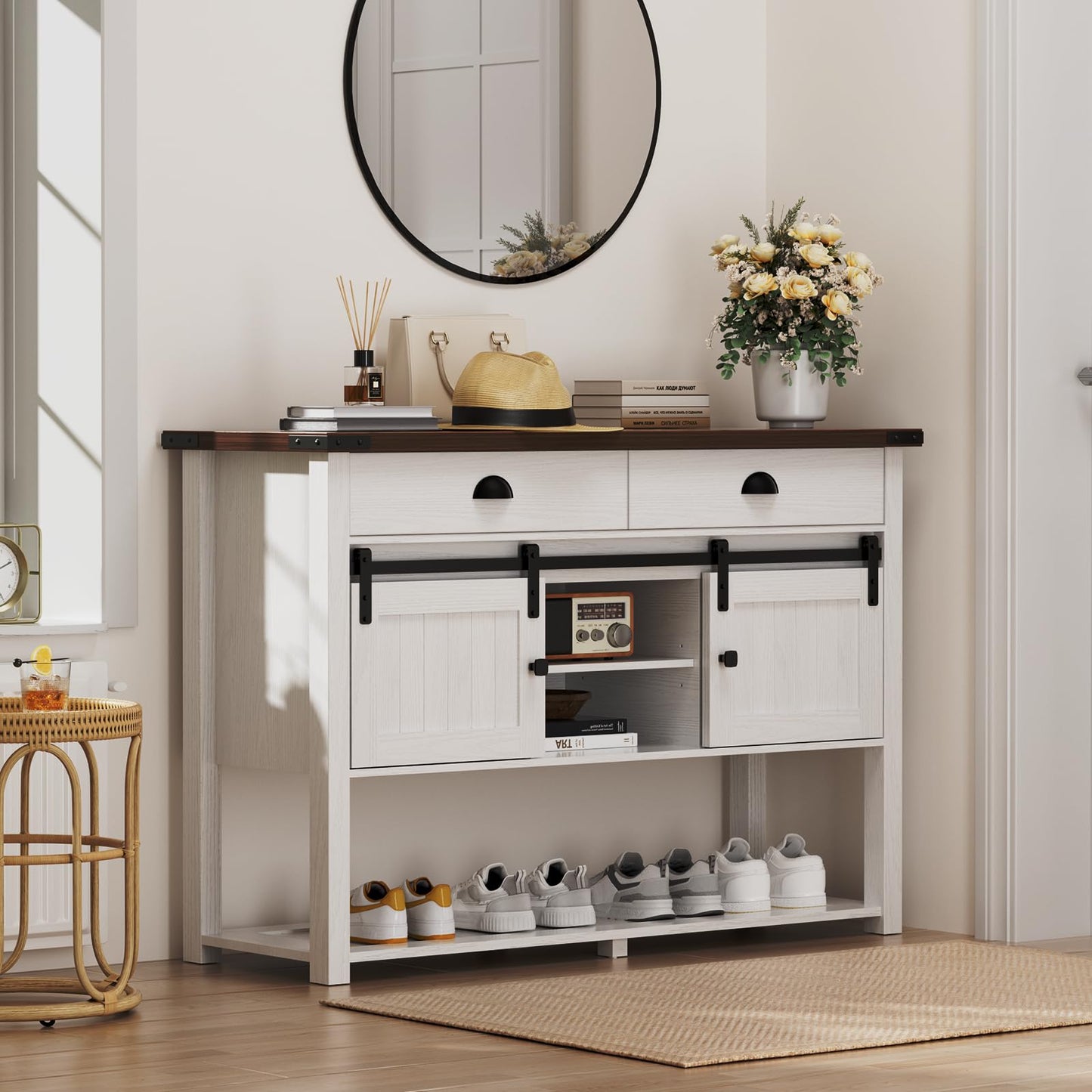 AntsandAnts Farmhouse Console Table with Sliding Barn Doors & 2 Drawers,Rustic Entryway Table for Living Room, Hallway, Foyer,Sofa Table with Adjustable Shelf & Open Storage, Industrial Design