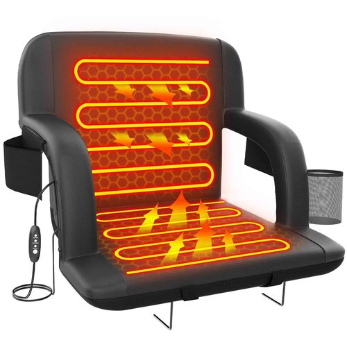 Suteck Dual-Side Heated Stadium Seat with Back Support, 25" Wide Cushion, Foldable Bleacher Chair W/USB 3-Level Heating, 5 Storage Pockets – Portable Stadium Chair for Outdoor Bleachers Camping Games