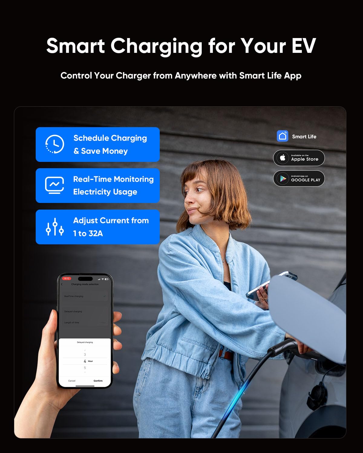 EG evgoer 32A Level 2 EV Charger with Smart APP Control & 25FT Cable - NEMA 14-50P Plug, Portable Electric Vehicle Charging Station with Cable Holder (EVSE Included)