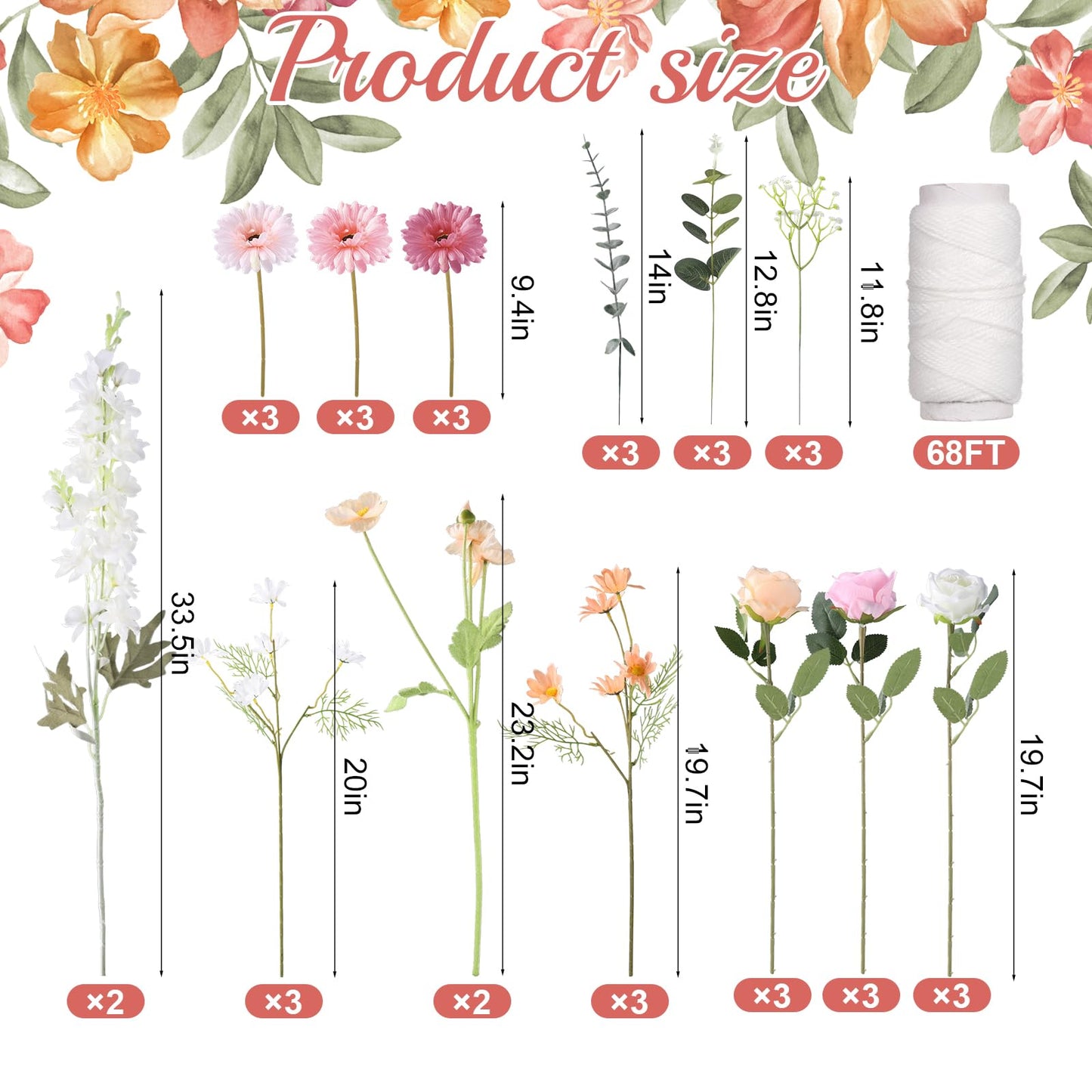 38 Pcs DIY Artificial Wildflower Garland Hanging Flowers Set Chrysanthemum Rose Eucalyptus Daisy Larkspur Flower Garlands Hanging Spring Wildflower Garlands for Baby's Breath Wedding