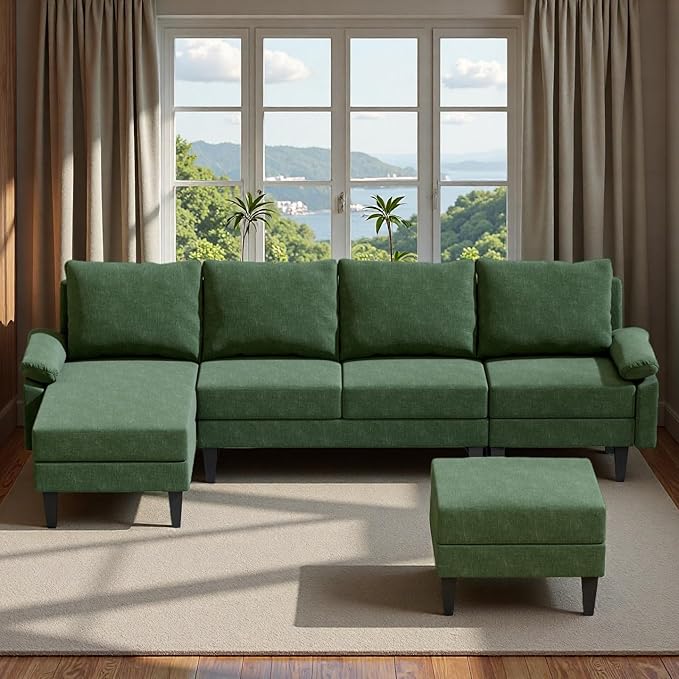 Topcomfy U-Shaped Sectional Couches for Living Room, Convertible 4 Seat Modular Sectional Sofa Set with Ottoman, Modern L Shaped Couch with Chaise for Bedroom Apartment and Office, Chenille Green