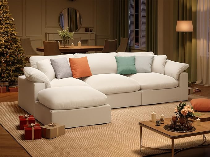 Intuition Decor Oversize Cloud Modular Sectional Sofa,110.8" L Shape 3 Seaters with Chaise Down Filled Comfort Sofa Detachable Couch Cushion Covers for Living Room,White