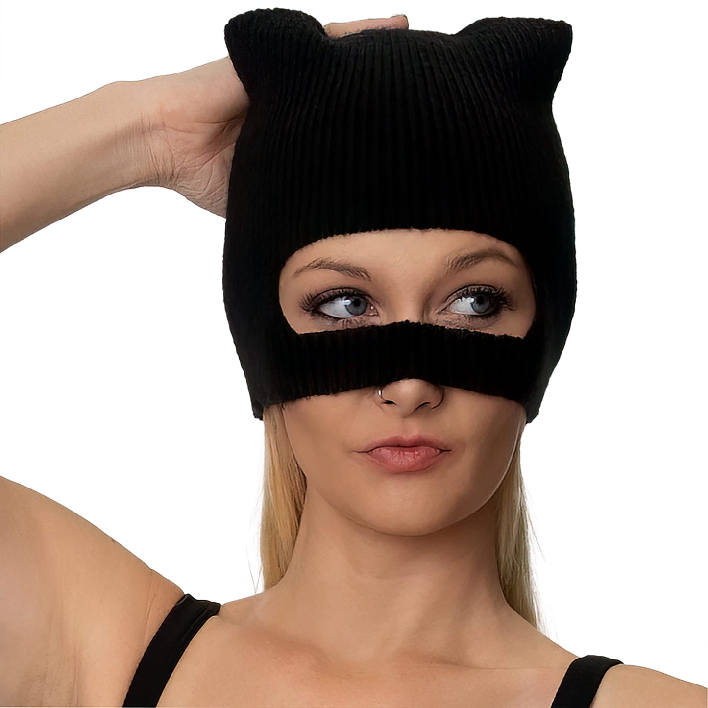 ComfyCamper Catwoman Mask Costume - Halloween Women Woman Girls Adult - Superhero Cat Face Roleplay - Black Knit