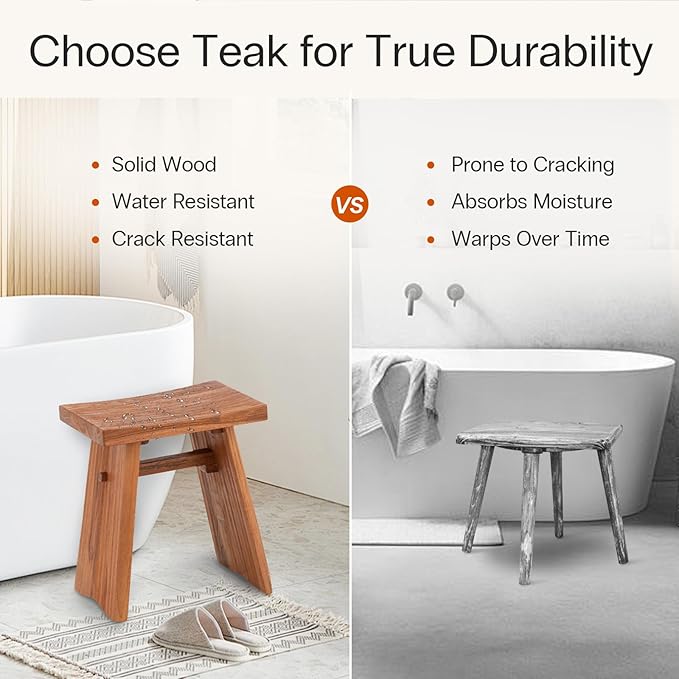 StrongTek Teak Shower Stool, 18-Inch Pre-Oiled Solid Teak Wood Bath Seat Bench for Bathroom, Spa & Home, Ergonomic Curved Seat, Water-Resistant, 350 lbs Capacity, Stable and Durable Design (Natural)