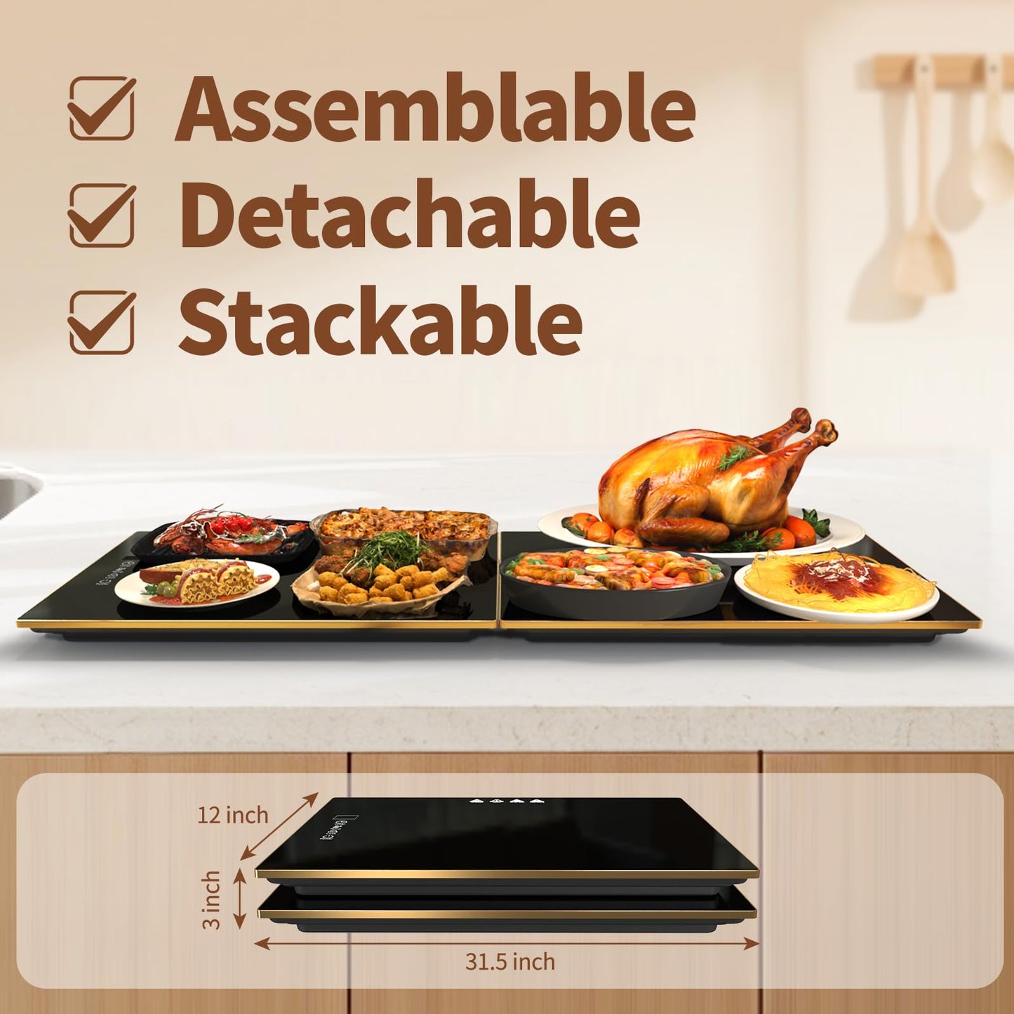 CedarAce Food Warmers for Parties Buffet, （31.5"x12"） Assemblable Stackable Electric Warming Tray with 8-Level Temperature Adjustment and 8-Hour Timer, Upgraded Desktop-Protecting Food Warming Mat