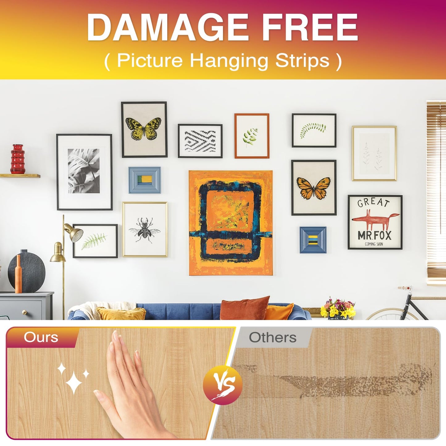 Picture Hanging Strips Heavy Duty XL 15 Pairs/30Strips, Damage Free Hanging Picture Hangers, Removable Adhesive Hook and Loop Wall Strips, Frame Stickers No Nails for Home Decor Wall Posters