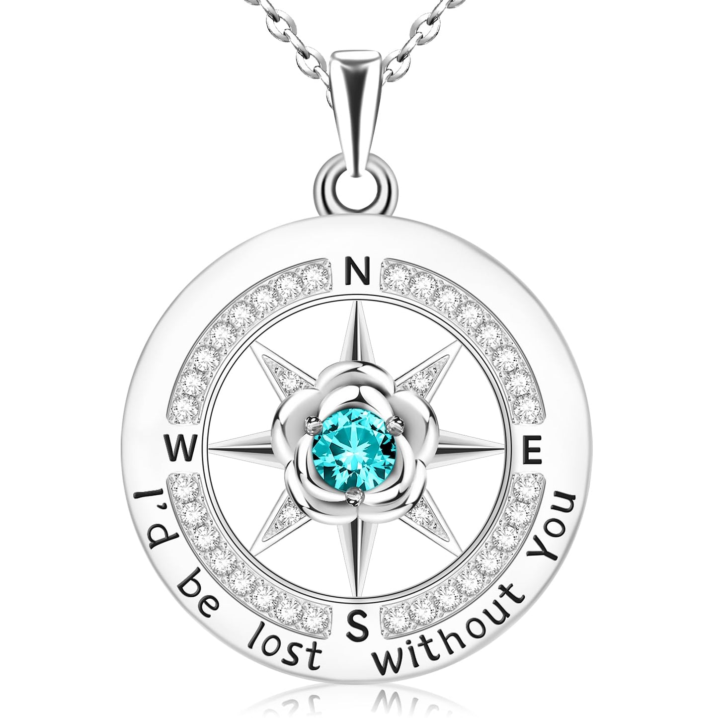 HOH-Tech Compass Necklace for Women 925 Sterling Silver Id be Lost without You Compass Necklace Birthstone Graduation Rose Jewelry Pendant for Mothers Wife Daughter-Dec-Blue Topaz