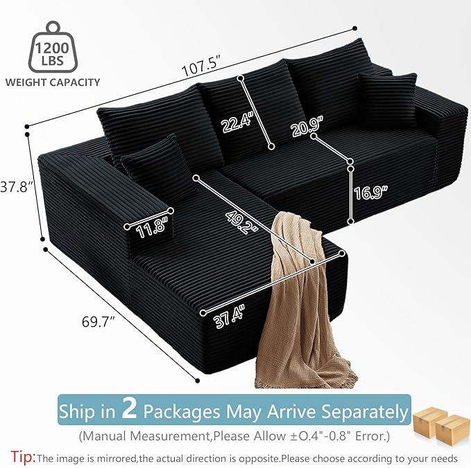 107" W Cloud Sectional Couch with L-Shape Chaise, Modern Corduroy Boneless Couch for Living Room,Memory Foam Sofa with Deep Seat,No Assembly Required (Black,Left-Facing Chaise)