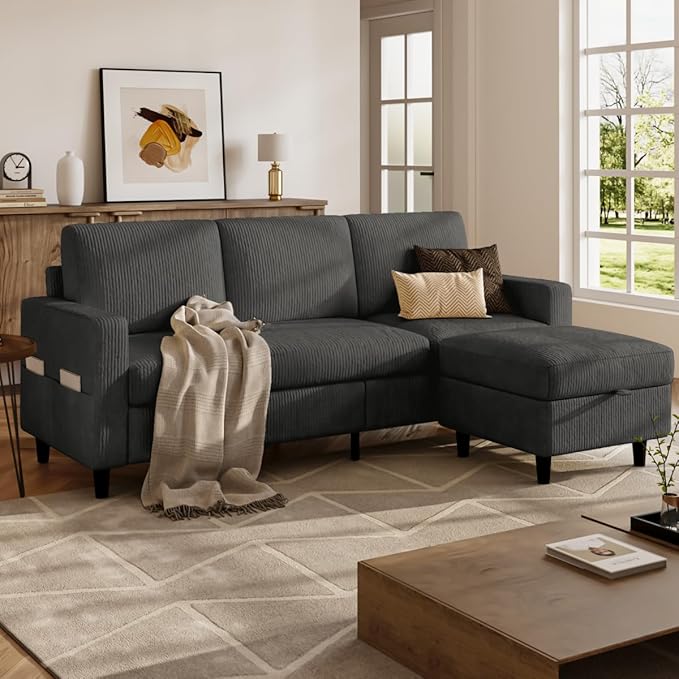 POYISOU Sectional Couches for Living Room, L Shaped Couch with Storage Ottoman, Small Sofa Corduroy Couch with Side Pockets, Modern 3 Seater Convertible Sofa for Apartment, Office, Dark Grey