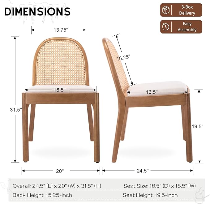 HEAH-YO Rattan Dining Chairs Set of 6, Upholstered Linen Dining Room Chairs with Backrests, Modern Kitchen Chairs with Wood Legs for Dining Room, Beige