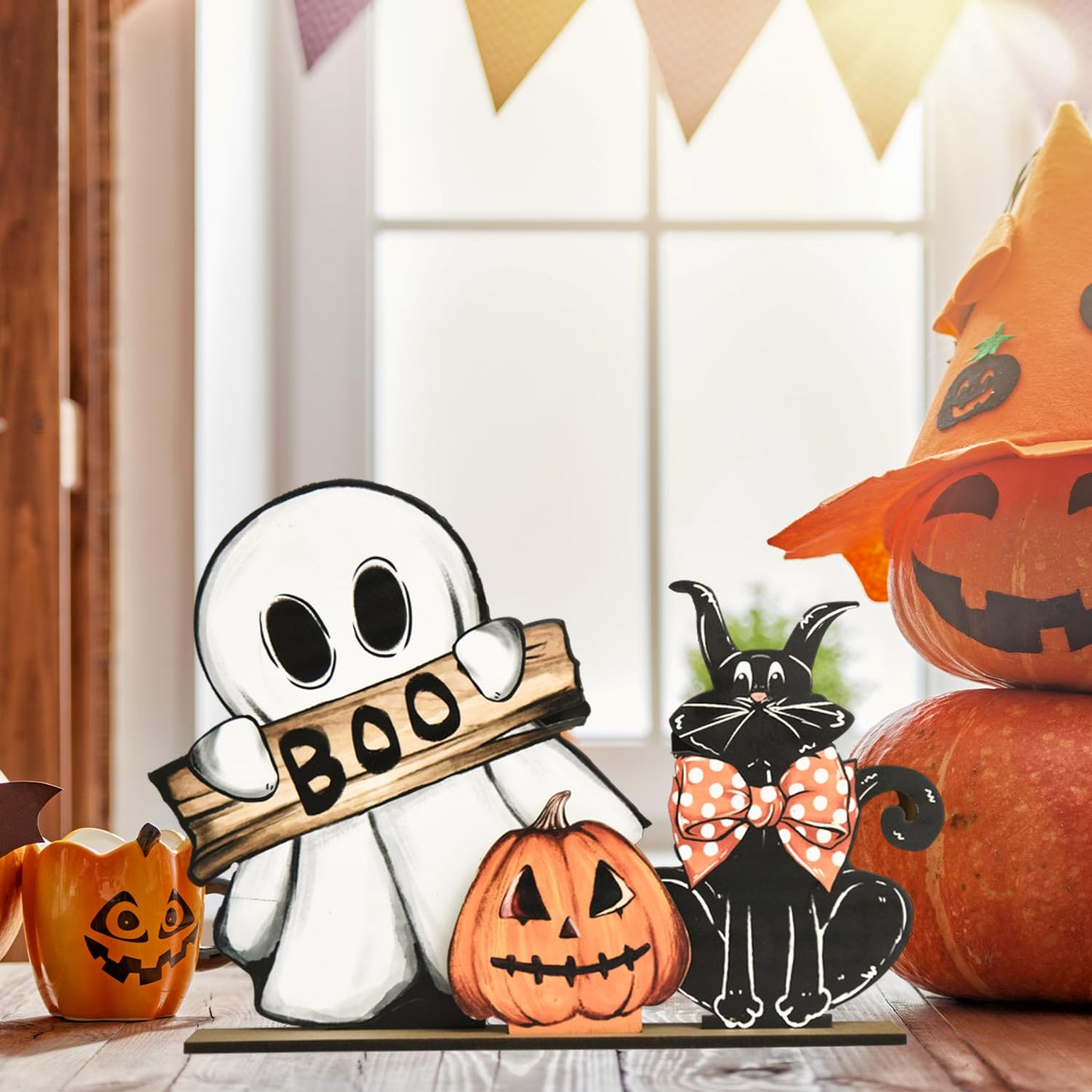 Smile Happy Halloween Wooden Table Decoration, Pumpkin Ghost Boo Black Cat Standing Centerpieces, Indoor Decor for Desk Shelf and Party