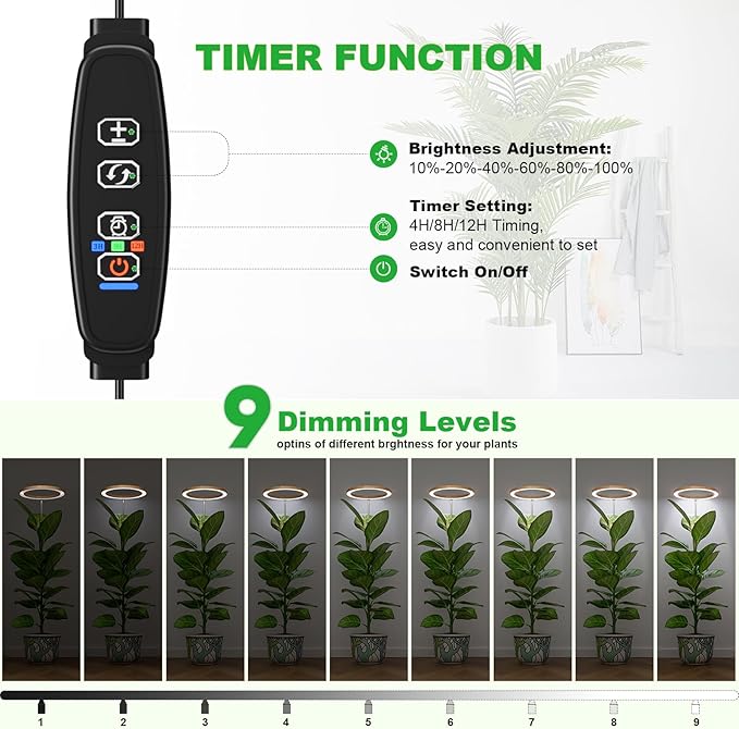 12" Grow Lights for Large Indoor Plants, Full Spectrum Tall Plant Grow Lights Indoor,Height Adjustable 15"-65",Timer Auto On/Off 3/9/12H,9 Brightness,Led Halo Grow Light for House Plants, Wood Grain