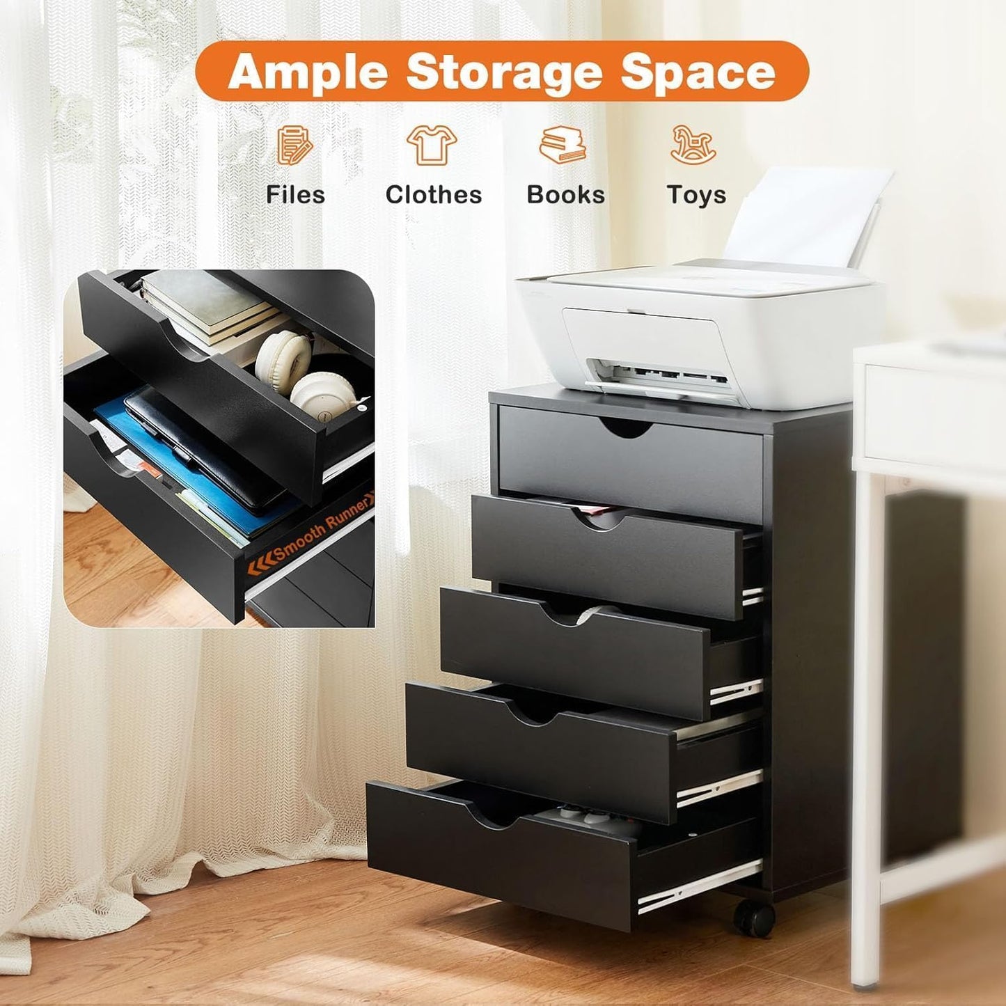 Elevon 5 Drawer Chest, Dressers Storage Cabinets Wooden Dresser Mobile Cabinet with Wheels Room Organizer, Small Drawers Wood Organization Furniture for Office, Home