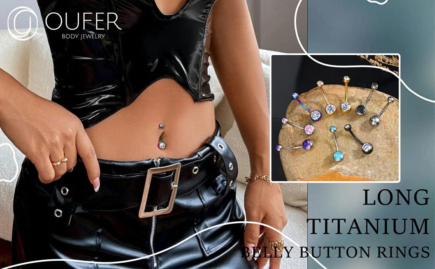 OUFER Titanium Belly Button Rings, Internally Threaded 14mm Long Belly Ring, Round CZ Navel Rings for Women Men (Rainbow)