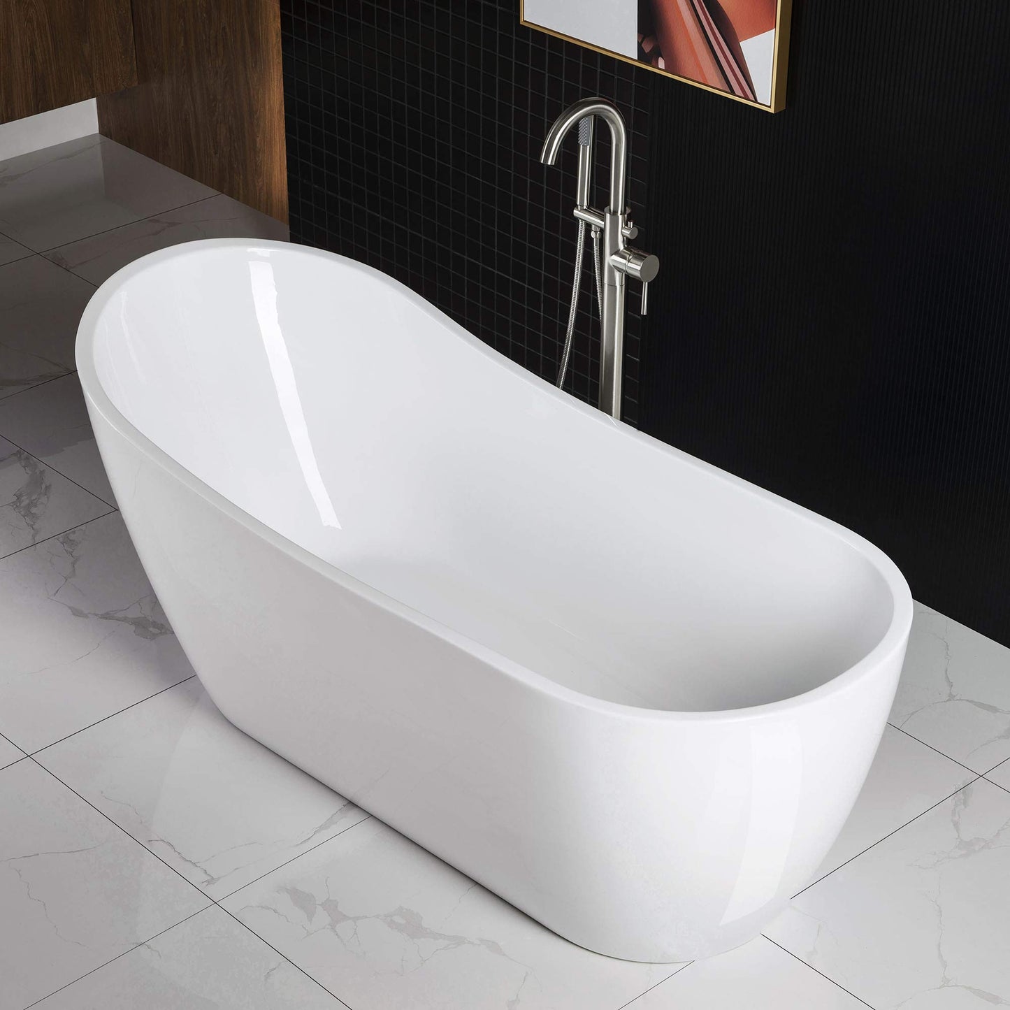 WOODBRIDGE 67"Freestanding White Acylic Soaking Bathtub with Matte Black Drain and Overflow,BTA1508 -MB-Drain &O