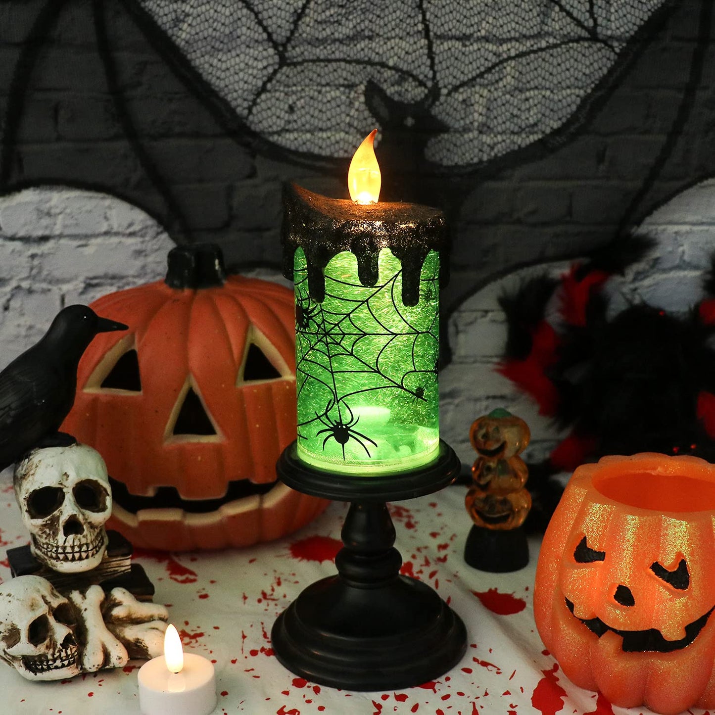 Eldnacele Halloween Snow Globe Candles Lighted Lamp, Battery Operated Spooky Spinning Water Glittering Tornado Candle Flameless Candles Table Centerpiece for Halloween Celebration Parties(Spider)