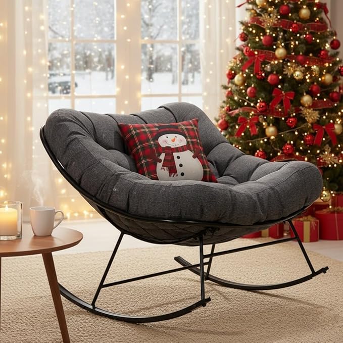 Bme Patio Rocking Chair Outdoor & Indoor, Metal Patio Lounge Rocking Chair with Thick Cushion, Comfy Modern Rocker Chair for Living Room, Porch, Backyard, Grey Cushion - Black Matte Rocker