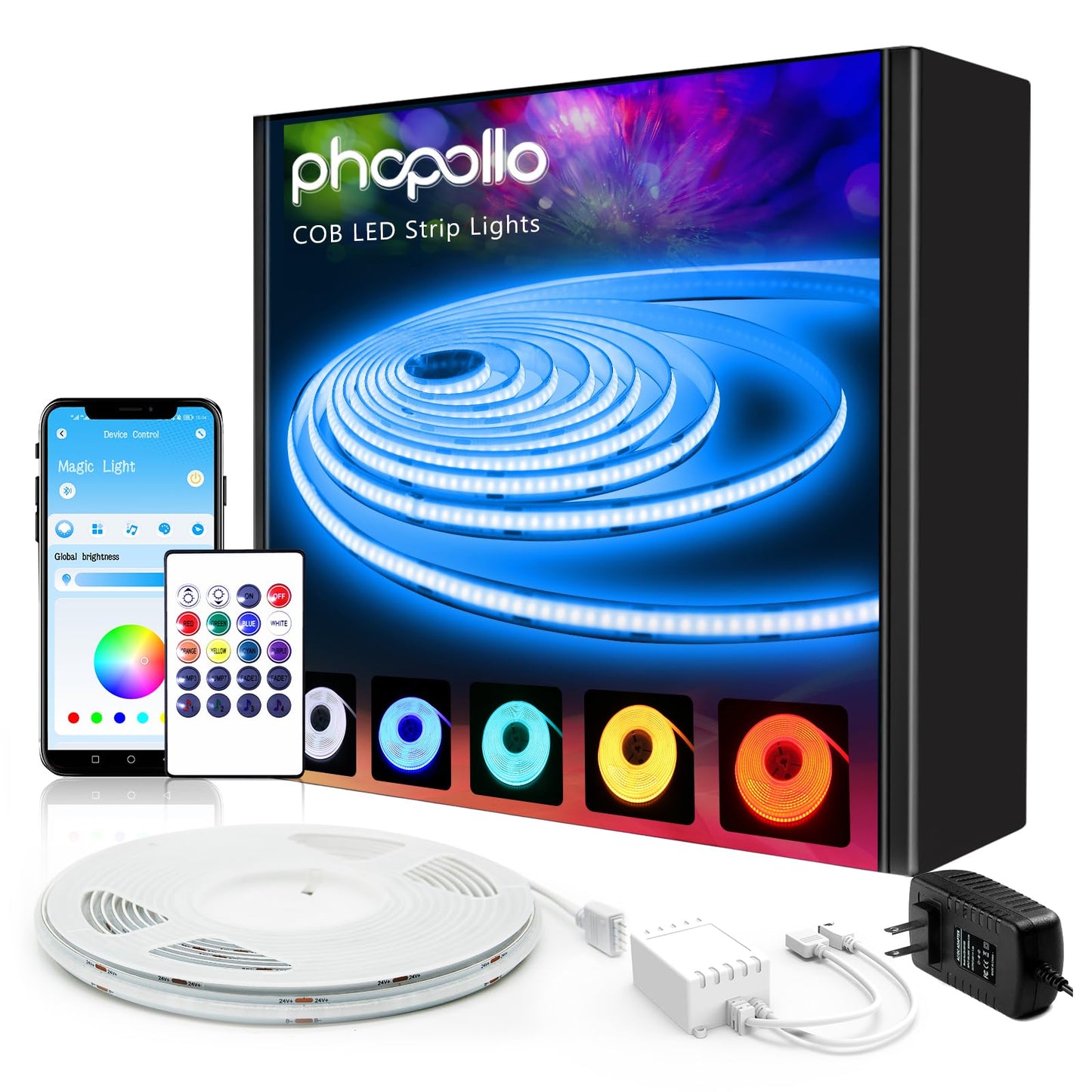 phopollo COB LED Strip Lights, Multi-Color 576 LEDs/m High Density Flexible 24V Led Lights with RF & App Control, LED Lights for Bedroom, Kitchen, Cabinet Lighting-16.4ft
