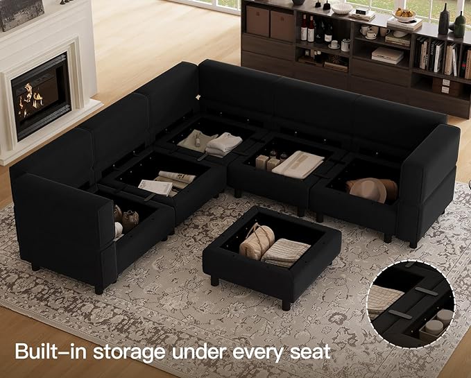 Belffin Modular Sectional Sofa with Storage Seats Velvet L Shaped Corner Couch Convertible Sectional Sofa with Chaise Black