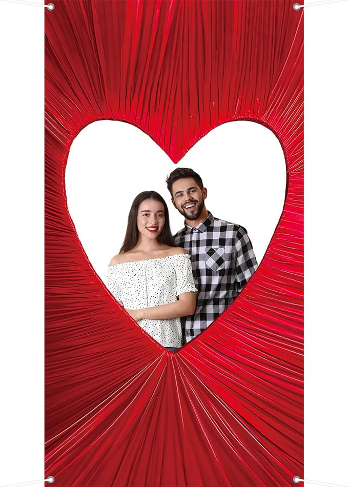 59" Large Valentine's Day Photo Booth Prop Heart-Shaped Cutout Backdrop Red Heart Selfie Frame Red Photo Background Fabric...