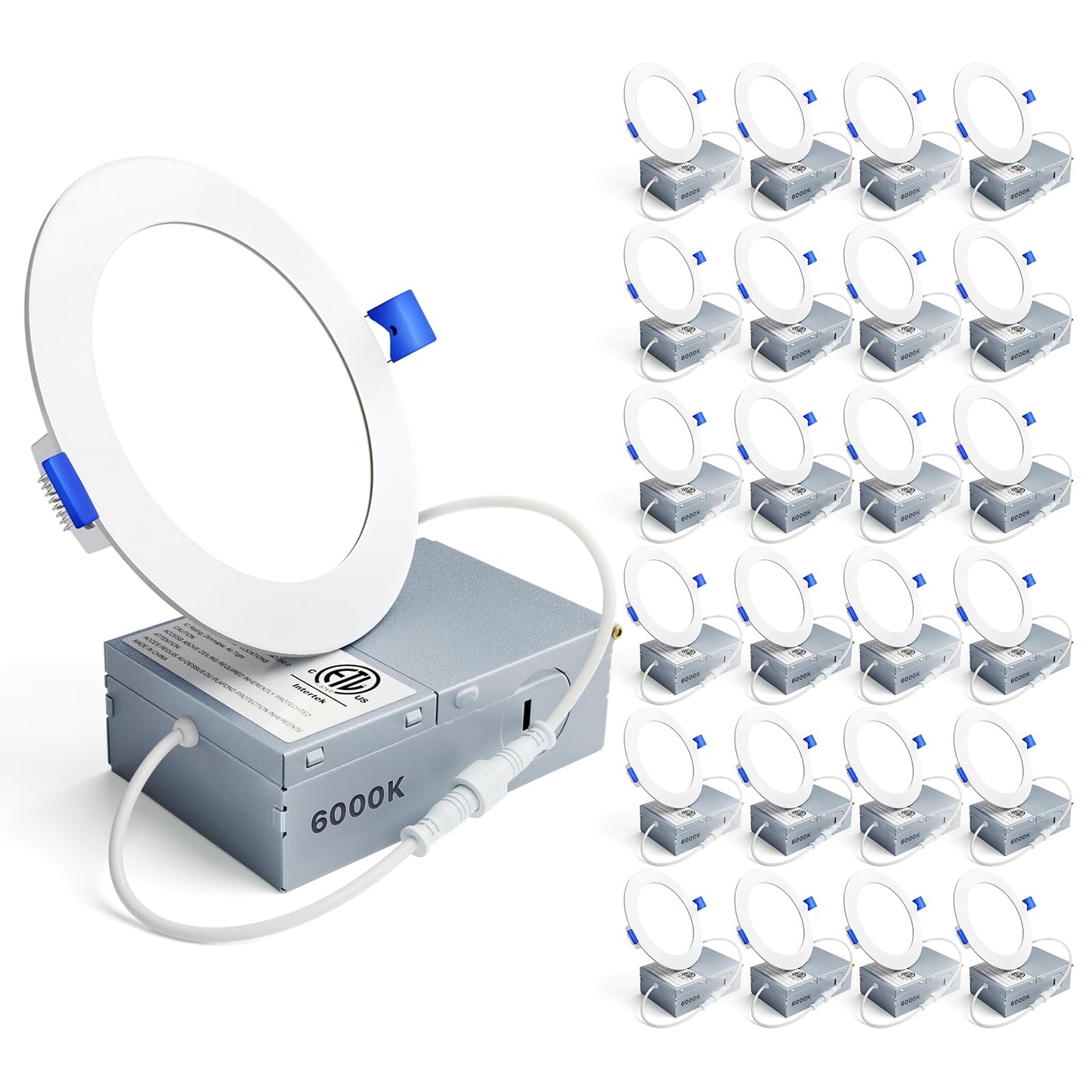 Ensenior 24 Pack 4 Inch Ultra-Thin LED Recessed Ceiling Light with Junction Box, 6000K Clear White, 9W 75W Eqv, Dimmable Can-Killer Downlight, 750LM High Brightness - ETL