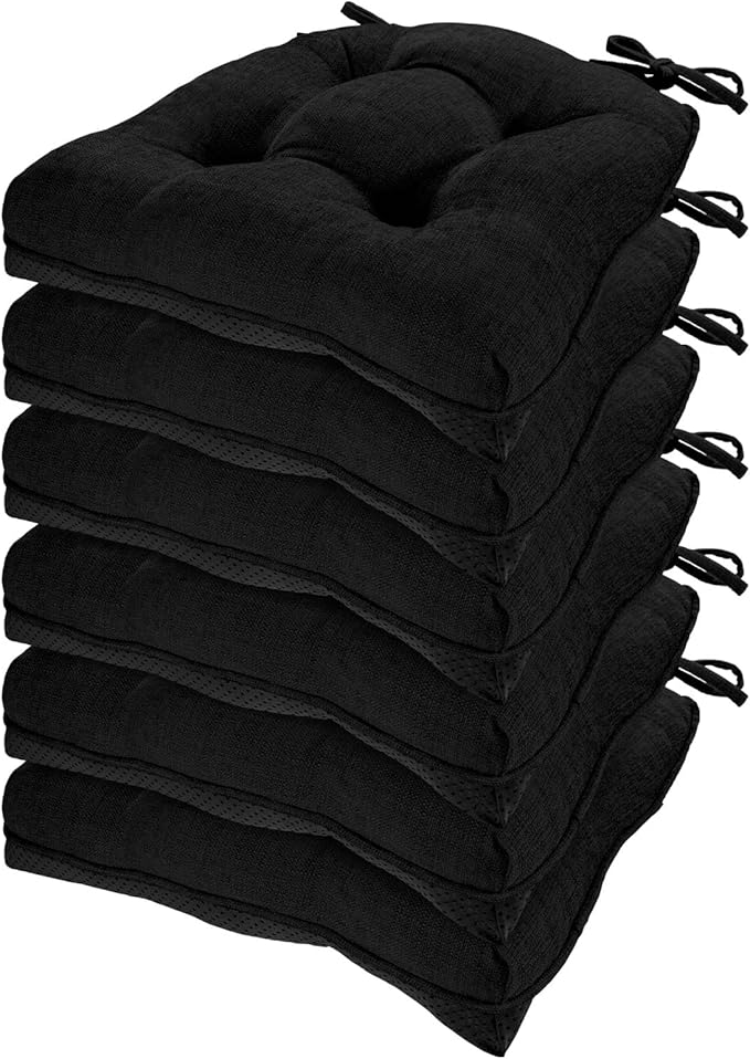 HARBOREST Chair Cushions for Dining Chairs Set of 6 - Chenille Tufted Kitchen Chair Cushions with Ties and Non-Slip Bottom, Foam Chair Pads for Dining Chairs, 17" x 17", Black