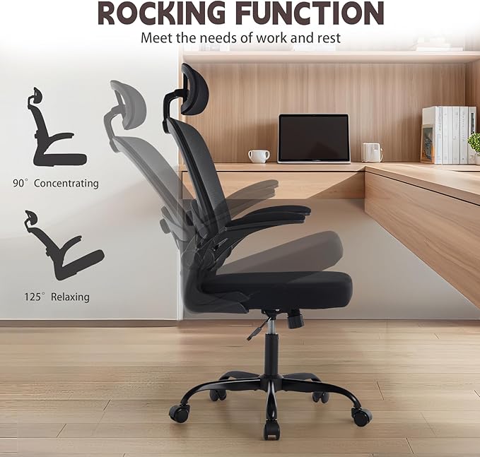 Rishtivin Ergonomic Office Chair with 3D Adjustable Lumbar Support, Mesh High Back, 75° Rotating Headrest, Rocking Function, 300lbs Capacity, Black/White (Black)