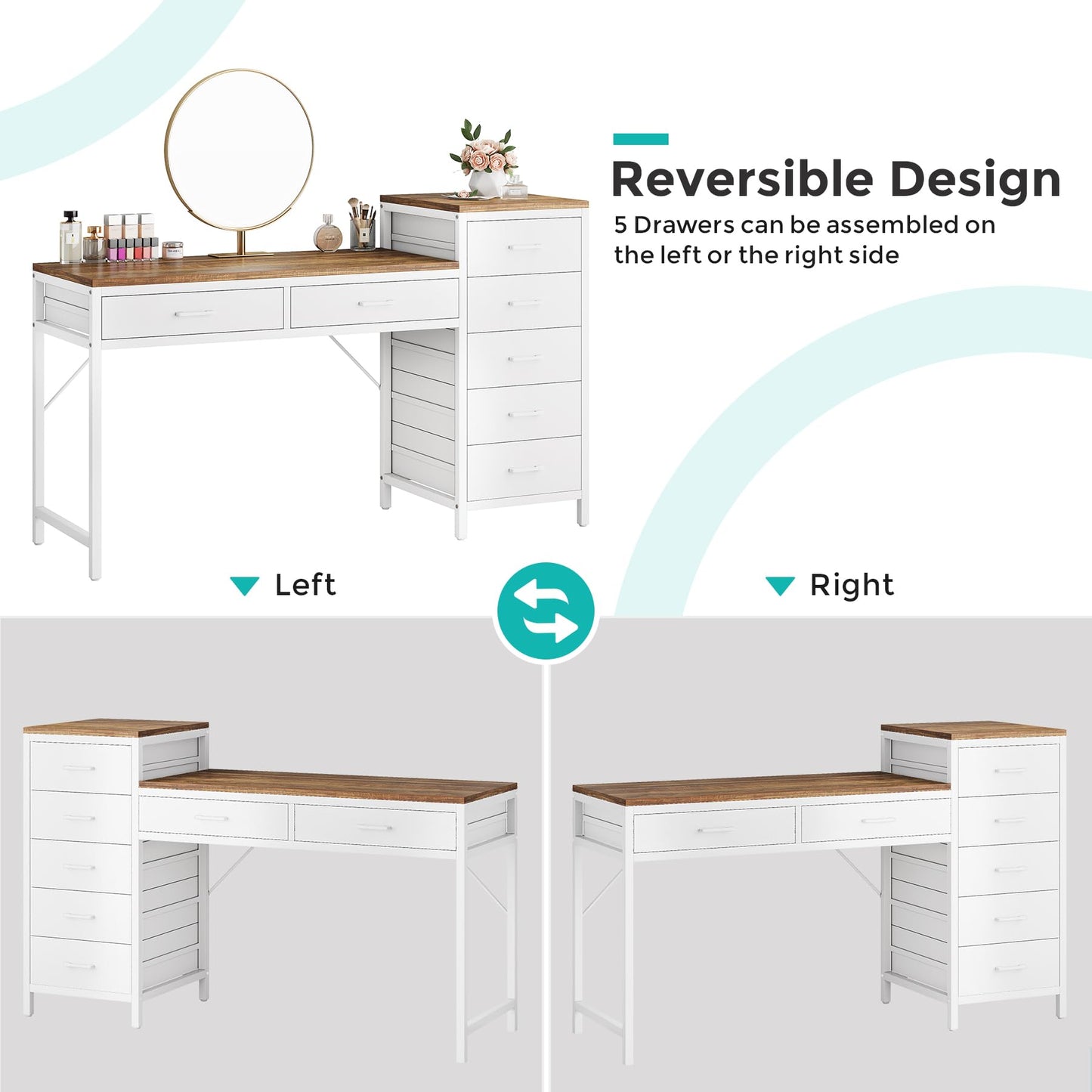 Condemo Vanity Desk with 7 Drawers, 55 inch Makeup Vanity Table with Reversible Drawer for Women, Girls, White and Brown (Without Mirror)