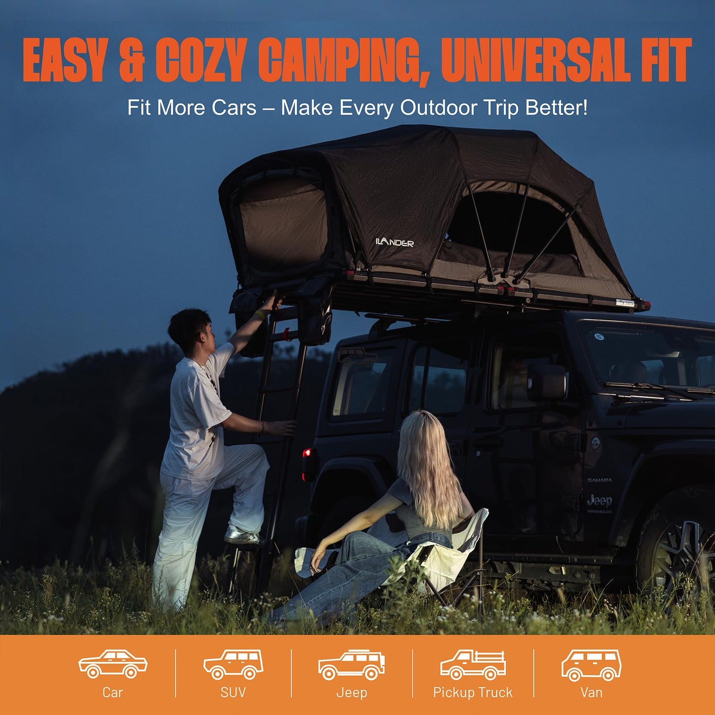 ILANDER Rooftop Tent Hardshell for SUV Van Jeep Truck, Aluminum Alloy Car Rooftop Tent, Waterproof and UV-Resistant Overland Roof Tents Camping for 2-3 Person (1.4M)