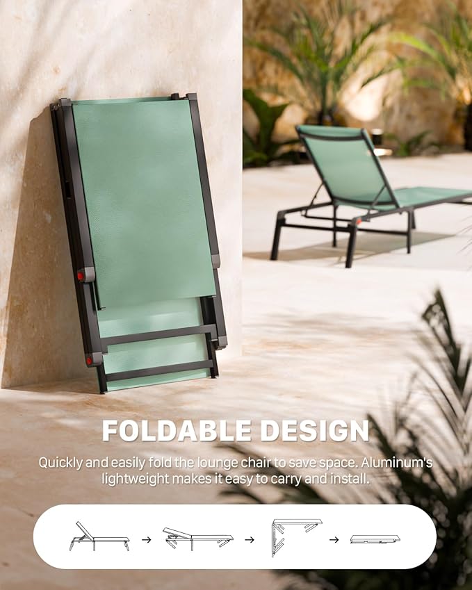 Aluminum Chaise Foldable Patio Lounge Chair Outdoor, Metal Deck Lounger Adjustable 5-Position Recliner Pool Chase Breathable Full Flat Outside Sun Tanning Chairs for Beach/Poolside/Lawn(Green, 1Pack)