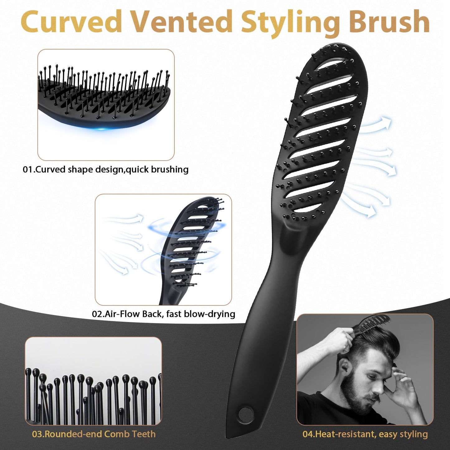 Hair Brush for Men, DUAIU 7Pcs Combs for Men, Hair Styling Comb Set with Vent Hair Brush, Quiff Round Hair Brush, Wide Tooth Com
