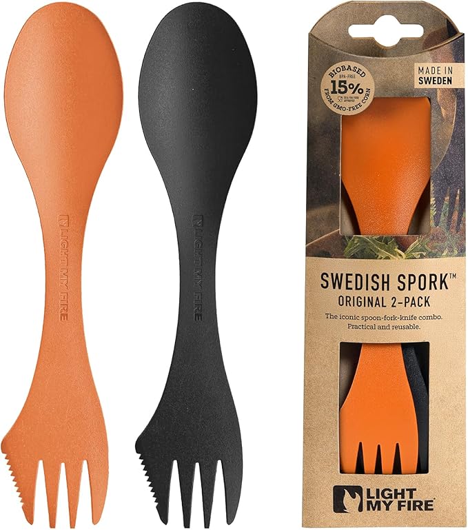 Light My Fire Spork Original 2-pack 3-in-1 Camping Spoon Fork Knife Combo Reusable Travel & Camping Utensils Lunch Spork O...