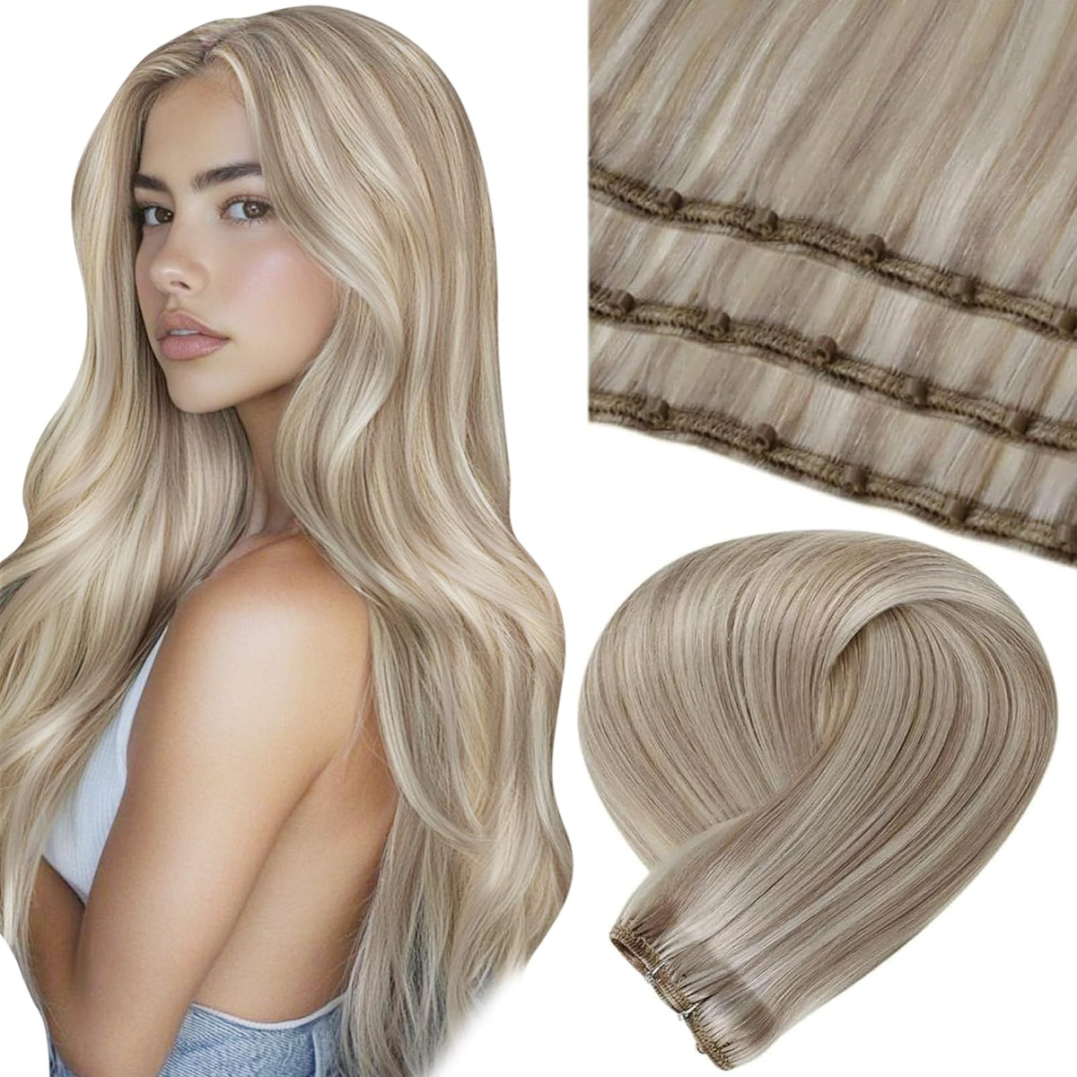 LaaVoo Hair Beaded Weft Hair Extensions Real Human Hair Beaded Weft Hair Extensions Human Hair Blonde Highlighted 16inch 50g
