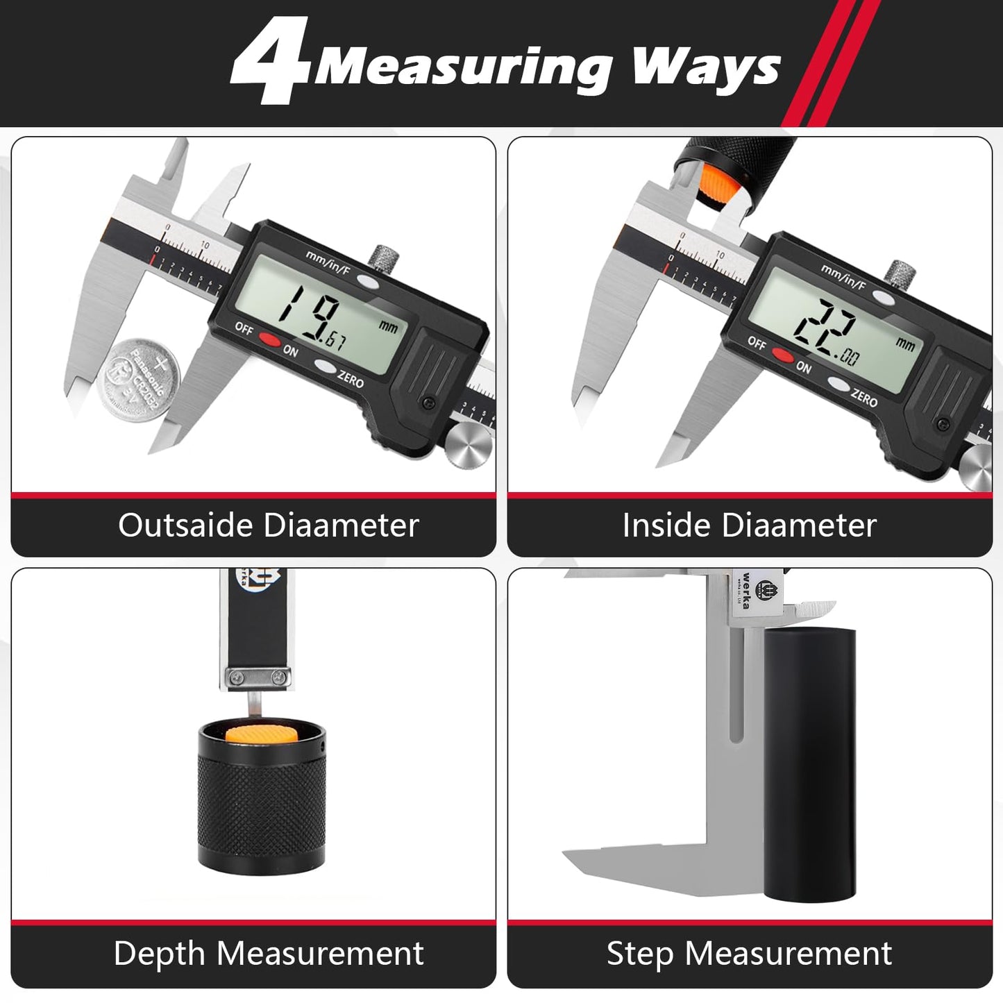 werka Digital Caliper, 0-6” Calipers Measuring Tool, Auto-Off Micrometer Caliper with 0.001”High-Accuracy,Inch/Fraction/Millimeter Conversions Button,4 Measuring Ways, Stainless Steel Construction