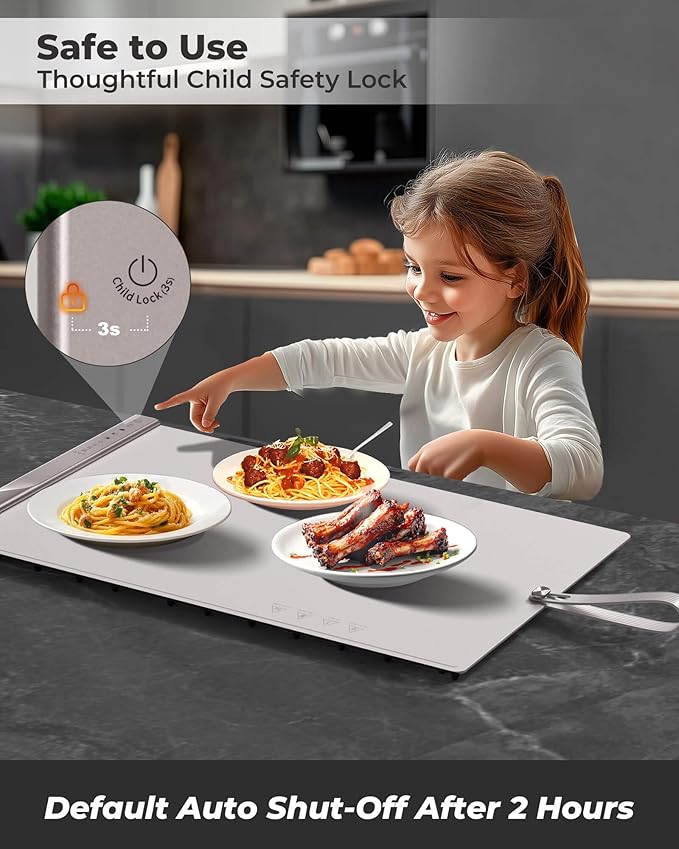 Food Warming Mat for Food - Dual Independent Heating Zones, 4 Temp Settings, Easy-to-Clean Silicone, Auto Shut-Off, Timer, and Child Lock, Portable for Buffet, Home Party, and Travel (Beige, Large)