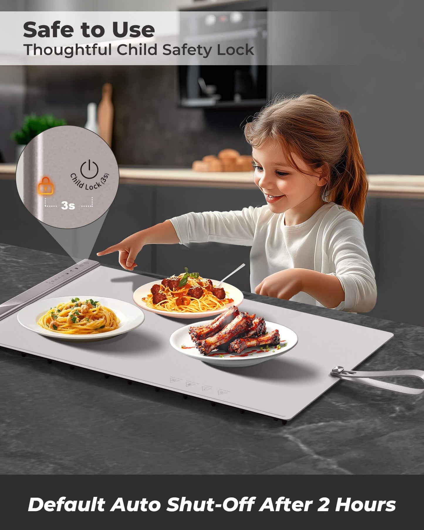 Food Warming Mat for Food - Dual Independent Heating Zones, 4 Temp Settings, Easy-to-Clean Silicone, Auto Shut-Off, Timer, and Child Lock, Portable for Buffet, Home Party, and Travel (Beige, Large)