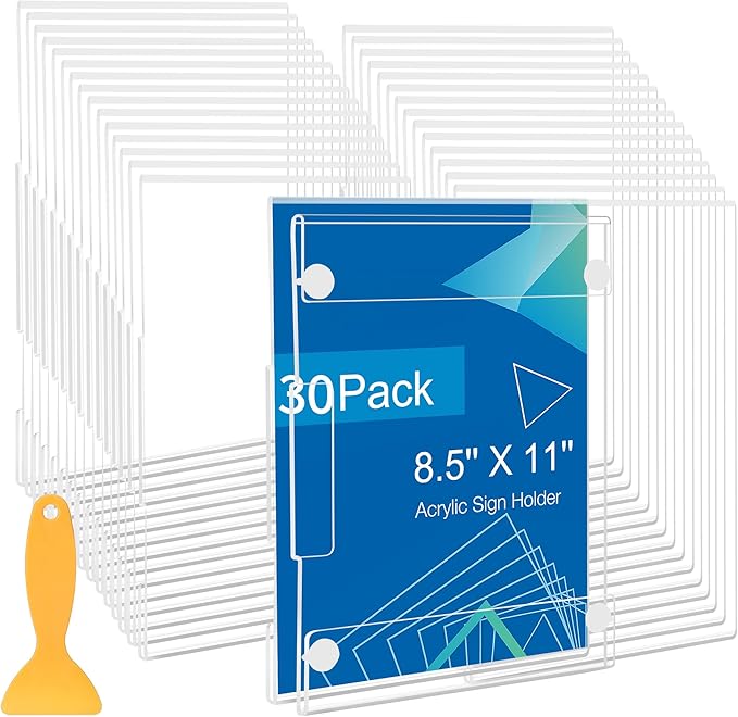 30 Pack Acrylic Sign Holder 8.5 x 11 Wall Mount, Vertical & Horizontal Use, Wall Sign Holder Memo Document Menu Holder for...