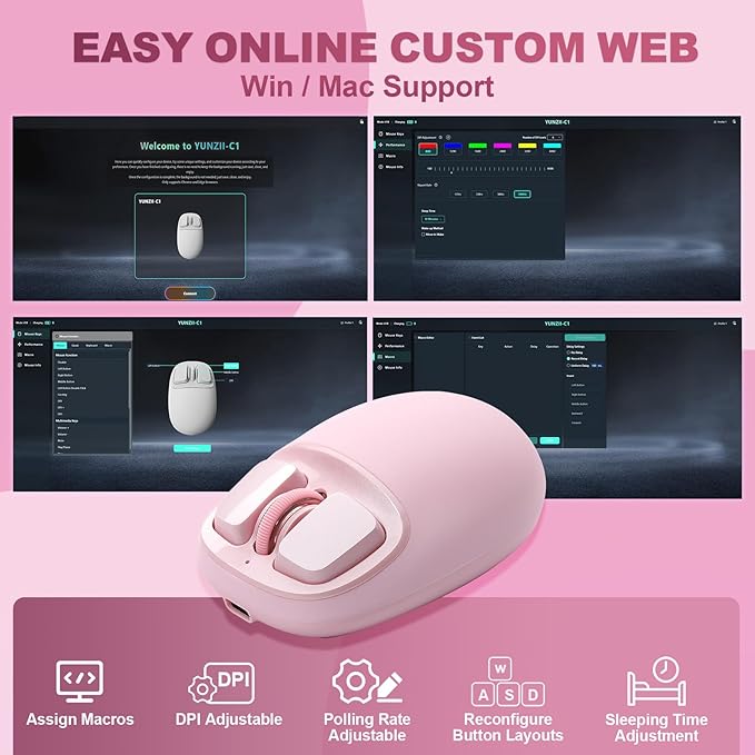 YUNZll C1 Silicone Wireless Mouse, Tri-Mode 2.4G/USB-C/Bluetooth Mouse, 4800 DPl Optical Tracking, 6 Adjustment Levels,Customize Mice for Laptop, Computer, iPad, MacBook (Pink)