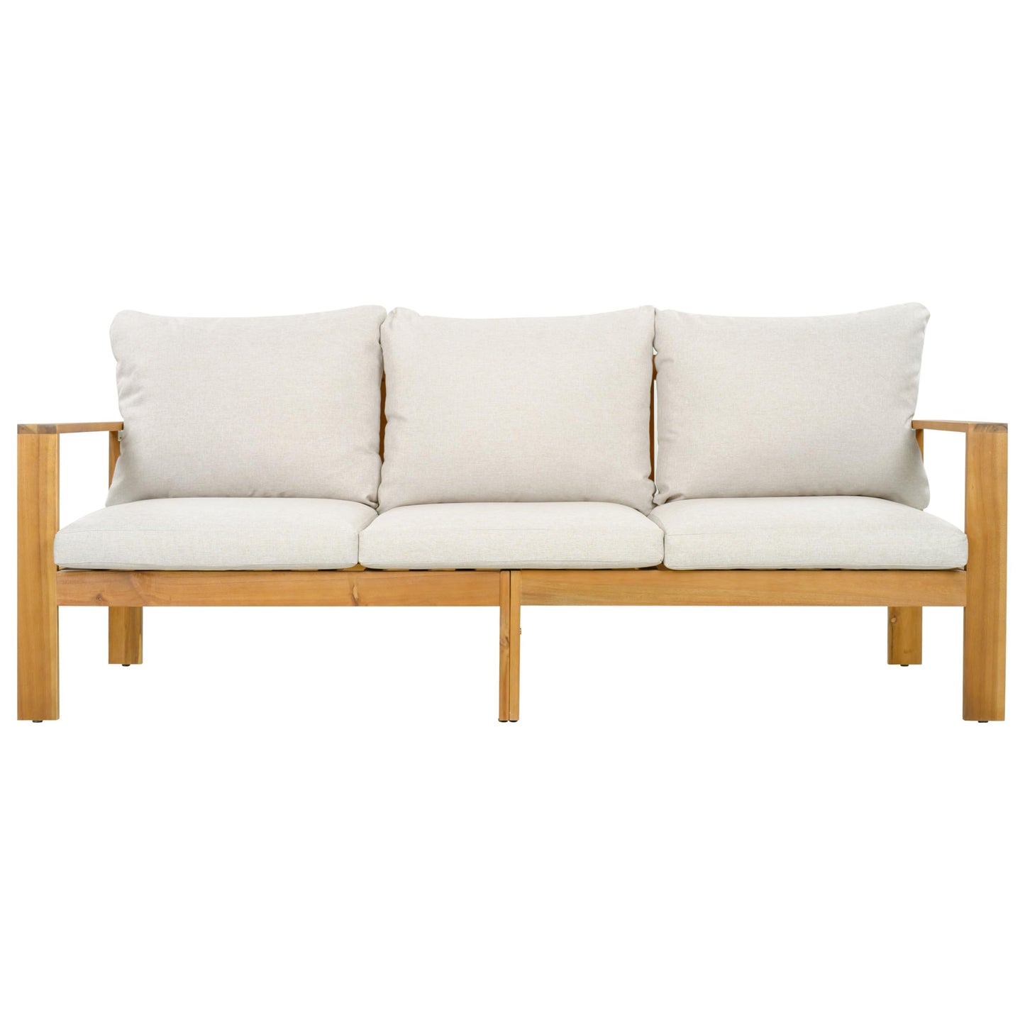 Christopher Knight Home Kayahs 3 Pieces Acacia Wood Furniture Set, Patio Conversation Sofa with Coffee Table and Ottoman, Outdoor 3-Seater Sofa Set for Backyard Balcony Gardern, Teak Finish+Beige